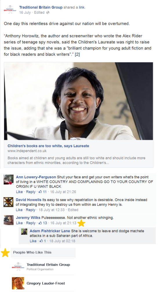Racist comments under a TBG post about Malorie Blackman, on eof which is 'liked' by the TBG admin AND Lauder-Frost's personal account.